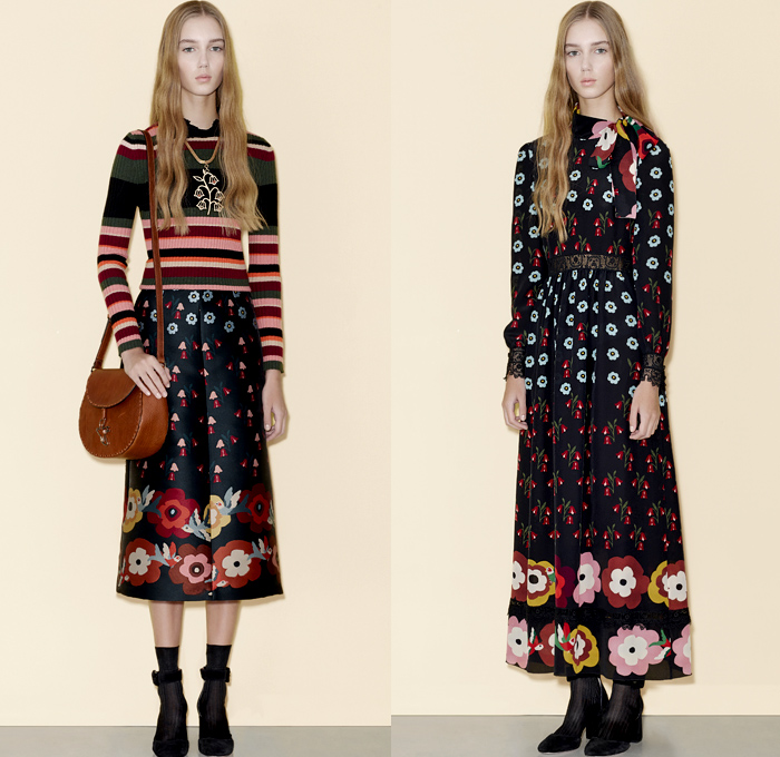 Red Valentino 2016 Pre Fall Autumn Womens Lookbook Presentation - Denim Jeans Flowers Floral Fauna Leaves Botanical Motif Embroidery Bedazzled Sheer Chiffon Tulle Lace Blouse Strapless Ruffles Miniskirt Midi Skirt Shorts Suede Maxi Dress Wide Leg Trousers Palazzo Pants Culottes Furry Outerwear Jacket Outerwear Trench Coat Hearts Geometric Turtleneck Knit Sweater Stripes Cardigan Dots Tiered Cargo Pockets