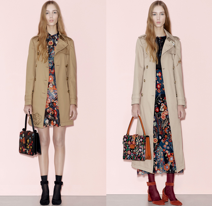 Red Valentino 2016 Pre Fall Autumn Womens Lookbook Presentation - Denim Jeans Flowers Floral Fauna Leaves Botanical Motif Embroidery Bedazzled Sheer Chiffon Tulle Lace Blouse Strapless Ruffles Miniskirt Midi Skirt Shorts Suede Maxi Dress Wide Leg Trousers Palazzo Pants Culottes Furry Outerwear Jacket Outerwear Trench Coat Hearts Geometric Turtleneck Knit Sweater Stripes Cardigan Dots Tiered Cargo Pockets