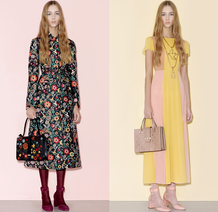 Red Valentino 2016 Pre Fall Autumn Womens Lookbook Presentation - Denim Jeans Flowers Floral Fauna Leaves Botanical Motif Embroidery Bedazzled Sheer Chiffon Tulle Lace Blouse Strapless Ruffles Miniskirt Midi Skirt Shorts Suede Maxi Dress Wide Leg Trousers Palazzo Pants Culottes Furry Outerwear Jacket Outerwear Trench Coat Hearts Geometric Turtleneck Knit Sweater Stripes Cardigan Dots Tiered Cargo Pockets