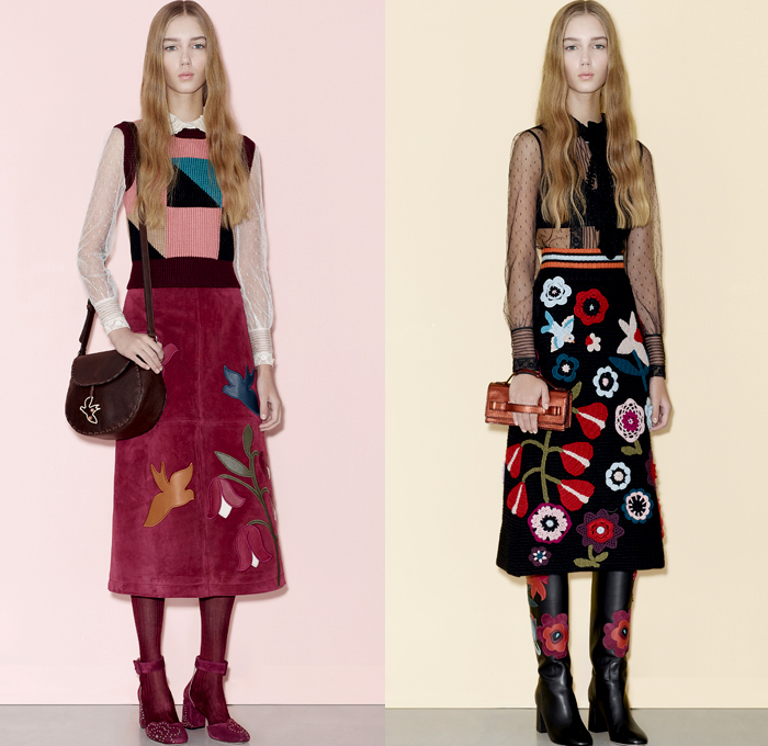 Red Valentino 2016 Pre Fall Autumn Womens Lookbook Presentation - Denim Jeans Flowers Floral Fauna Leaves Botanical Motif Embroidery Bedazzled Sheer Chiffon Tulle Lace Blouse Strapless Ruffles Miniskirt Midi Skirt Shorts Suede Maxi Dress Wide Leg Trousers Palazzo Pants Culottes Furry Outerwear Jacket Outerwear Trench Coat Hearts Geometric Turtleneck Knit Sweater Stripes Cardigan Dots Tiered Cargo Pockets