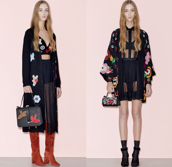 Red Valentino 2016 Pre Fall Autumn Womens Lookbook Presentation - Denim Jeans Flowers Floral Fauna Leaves Botanical Motif Embroidery Bedazzled Sheer Chiffon Tulle Lace Blouse Strapless Ruffles Miniskirt Midi Skirt Shorts Suede Maxi Dress Wide Leg Trousers Palazzo Pants Culottes Furry Outerwear Jacket Outerwear Trench Coat Hearts Geometric Turtleneck Knit Sweater Stripes Cardigan Dots Tiered Cargo Pockets