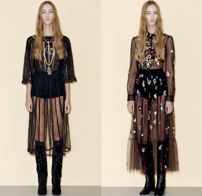 Red Valentino 2016 Pre Fall Autumn Womens Lookbook Presentation - Denim Jeans Flowers Floral Fauna Leaves Botanical Motif Embroidery Bedazzled Sheer Chiffon Tulle Lace Blouse Strapless Ruffles Miniskirt Midi Skirt Shorts Suede Maxi Dress Wide Leg Trousers Palazzo Pants Culottes Furry Outerwear Jacket Outerwear Trench Coat Hearts Geometric Turtleneck Knit Sweater Stripes Cardigan Dots Tiered Cargo Pockets