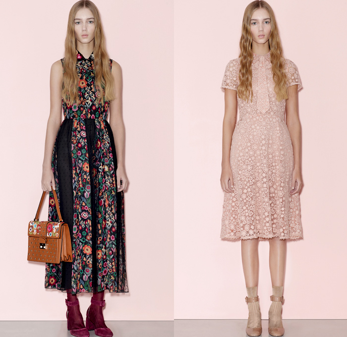 Red Valentino 2016 Pre Fall Autumn Womens Lookbook Presentation - Denim Jeans Flowers Floral Fauna Leaves Botanical Motif Embroidery Bedazzled Sheer Chiffon Tulle Lace Blouse Strapless Ruffles Miniskirt Midi Skirt Shorts Suede Maxi Dress Wide Leg Trousers Palazzo Pants Culottes Furry Outerwear Jacket Outerwear Trench Coat Hearts Geometric Turtleneck Knit Sweater Stripes Cardigan Dots Tiered Cargo Pockets