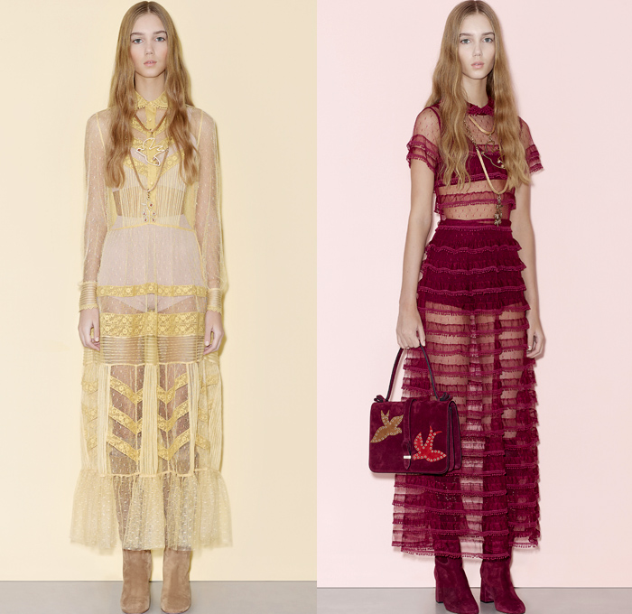 Red Valentino 2016 Pre Fall Autumn Womens Lookbook Presentation - Denim Jeans Flowers Floral Fauna Leaves Botanical Motif Embroidery Bedazzled Sheer Chiffon Tulle Lace Blouse Strapless Ruffles Miniskirt Midi Skirt Shorts Suede Maxi Dress Wide Leg Trousers Palazzo Pants Culottes Furry Outerwear Jacket Outerwear Trench Coat Hearts Geometric Turtleneck Knit Sweater Stripes Cardigan Dots Tiered Cargo Pockets