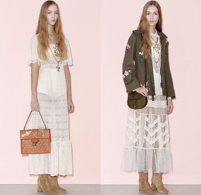 Red Valentino 2016 Pre Fall Autumn Womens Lookbook Presentation - Denim Jeans Flowers Floral Fauna Leaves Botanical Motif Embroidery Bedazzled Sheer Chiffon Tulle Lace Blouse Strapless Ruffles Miniskirt Midi Skirt Shorts Suede Maxi Dress Wide Leg Trousers Palazzo Pants Culottes Furry Outerwear Jacket Outerwear Trench Coat Hearts Geometric Turtleneck Knit Sweater Stripes Cardigan Dots Tiered Cargo Pockets