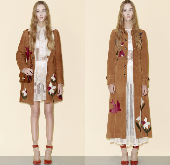 Red Valentino 2016 Pre Fall Autumn Womens Lookbook Presentation - Denim Jeans Flowers Floral Fauna Leaves Botanical Motif Embroidery Bedazzled Sheer Chiffon Tulle Lace Blouse Strapless Ruffles Miniskirt Midi Skirt Shorts Suede Maxi Dress Wide Leg Trousers Palazzo Pants Culottes Furry Outerwear Jacket Outerwear Trench Coat Hearts Geometric Turtleneck Knit Sweater Stripes Cardigan Dots Tiered Cargo Pockets