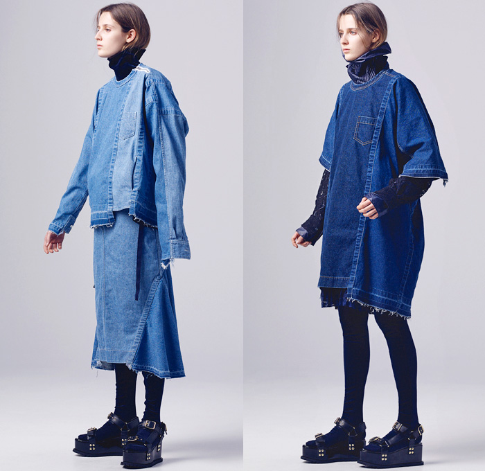 Sacai by Chitose Abe 2016 Pre Fall Autumn Womens Lookbook Presentation - Hybrid Garment Panels Frayed Denim Jeans Lace Turtleneck Velvet Leggings Skirt Frock Tunic Belts Strips Shirtdress Oversized Trench Coat Parka Bomber Quilted Down Jacket Furry Weave Knit Sweater Suede Shearling Moto Biker Leather Peacoat Accordion Pleats Studs Cloak Grommet Grosgrain Wide Leg Trousers Culottes Flare Bell Bottom Flowers Floral Vest Platform Sandals