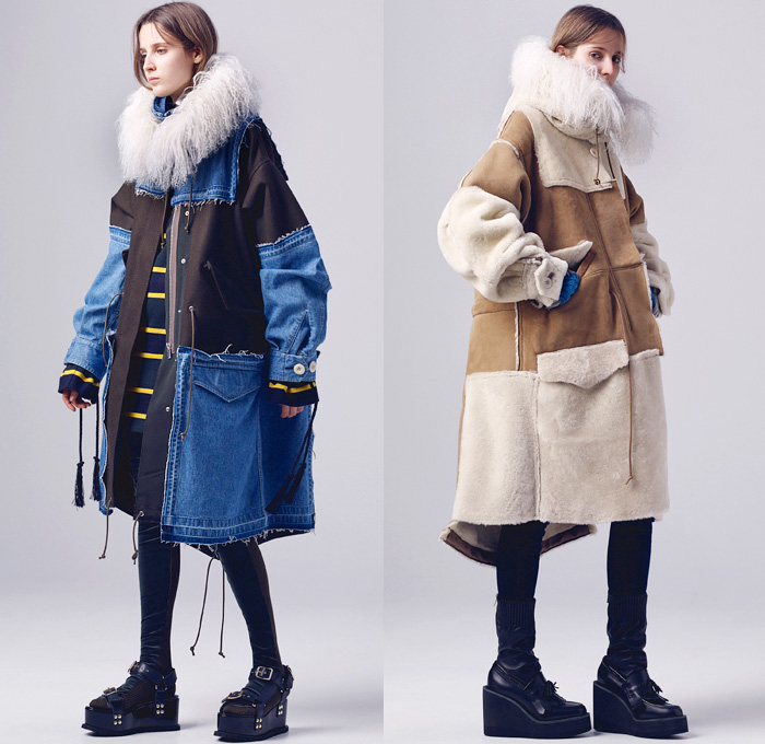 Sacai by Chitose Abe 2016 Pre Fall Autumn Womens Lookbook Presentation - Hybrid Garment Panels Frayed Denim Jeans Lace Turtleneck Velvet Leggings Skirt Frock Tunic Belts Strips Shirtdress Oversized Trench Coat Parka Bomber Quilted Down Jacket Furry Weave Knit Sweater Suede Shearling Moto Biker Leather Peacoat Accordion Pleats Studs Cloak Grommet Grosgrain Wide Leg Trousers Culottes Flare Bell Bottom Flowers Floral Vest Platform Sandals