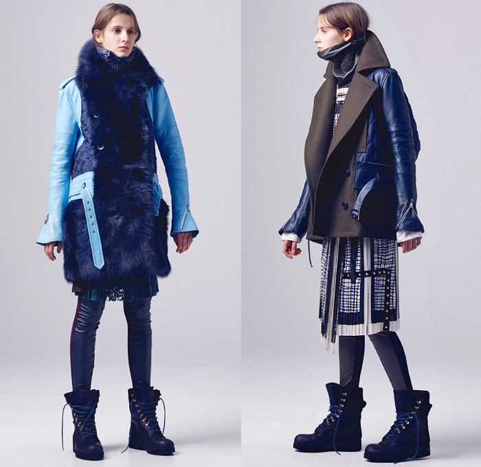 Sacai by Chitose Abe 2016 Pre Fall Autumn Womens Lookbook Presentation - Hybrid Garment Panels Frayed Denim Jeans Lace Turtleneck Velvet Leggings Skirt Frock Tunic Belts Strips Shirtdress Oversized Trench Coat Parka Bomber Quilted Down Jacket Furry Weave Knit Sweater Suede Shearling Moto Biker Leather Peacoat Accordion Pleats Studs Cloak Grommet Grosgrain Wide Leg Trousers Culottes Flare Bell Bottom Flowers Floral Vest Platform Sandals