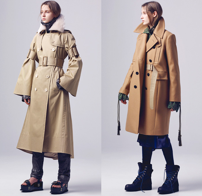 Sacai by Chitose Abe 2016 Pre Fall Autumn Womens Lookbook Presentation - Hybrid Garment Panels Frayed Denim Jeans Lace Turtleneck Velvet Leggings Skirt Frock Tunic Belts Strips Shirtdress Oversized Trench Coat Parka Bomber Quilted Down Jacket Furry Weave Knit Sweater Suede Shearling Moto Biker Leather Peacoat Accordion Pleats Studs Cloak Grommet Grosgrain Wide Leg Trousers Culottes Flare Bell Bottom Flowers Floral Vest Platform Sandals