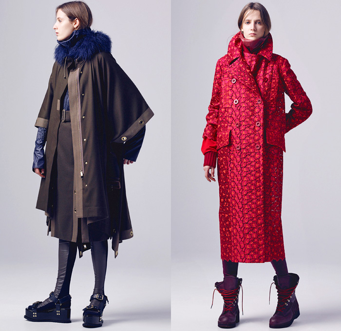 Sacai by Chitose Abe 2016 Pre Fall Autumn Womens Lookbook Presentation - Hybrid Garment Panels Frayed Denim Jeans Lace Turtleneck Velvet Leggings Skirt Frock Tunic Belts Strips Shirtdress Oversized Trench Coat Parka Bomber Quilted Down Jacket Furry Weave Knit Sweater Suede Shearling Moto Biker Leather Peacoat Accordion Pleats Studs Cloak Grommet Grosgrain Wide Leg Trousers Culottes Flare Bell Bottom Flowers Floral Vest Platform Sandals