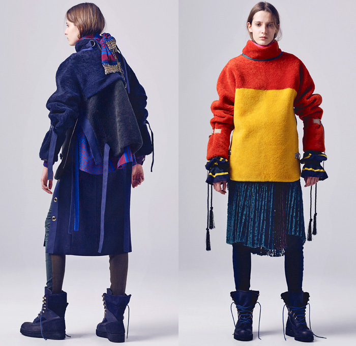 Sacai by Chitose Abe 2016 Pre Fall Autumn Womens Lookbook Presentation - Hybrid Garment Panels Frayed Denim Jeans Lace Turtleneck Velvet Leggings Skirt Frock Tunic Belts Strips Shirtdress Oversized Trench Coat Parka Bomber Quilted Down Jacket Furry Weave Knit Sweater Suede Shearling Moto Biker Leather Peacoat Accordion Pleats Studs Cloak Grommet Grosgrain Wide Leg Trousers Culottes Flare Bell Bottom Flowers Floral Vest Platform Sandals