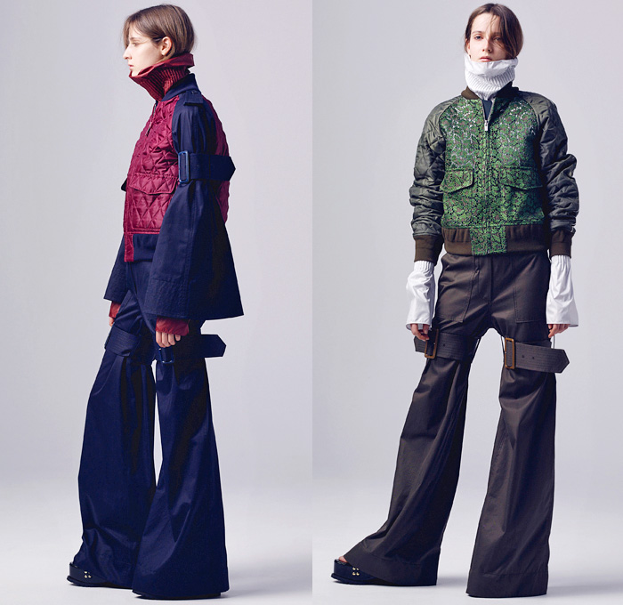 Sacai by Chitose Abe 2016 Pre Fall Autumn Womens Lookbook Presentation - Hybrid Garment Panels Frayed Denim Jeans Lace Turtleneck Velvet Leggings Skirt Frock Tunic Belts Strips Shirtdress Oversized Trench Coat Parka Bomber Quilted Down Jacket Furry Weave Knit Sweater Suede Shearling Moto Biker Leather Peacoat Accordion Pleats Studs Cloak Grommet Grosgrain Wide Leg Trousers Culottes Flare Bell Bottom Flowers Floral Vest Platform Sandals