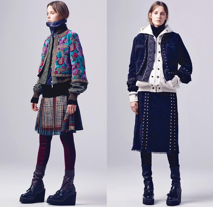 Sacai by Chitose Abe 2016 Pre Fall Autumn Womens Lookbook Presentation - Hybrid Garment Panels Frayed Denim Jeans Lace Turtleneck Velvet Leggings Skirt Frock Tunic Belts Strips Shirtdress Oversized Trench Coat Parka Bomber Quilted Down Jacket Furry Weave Knit Sweater Suede Shearling Moto Biker Leather Peacoat Accordion Pleats Studs Cloak Grommet Grosgrain Wide Leg Trousers Culottes Flare Bell Bottom Flowers Floral Vest Platform Sandals