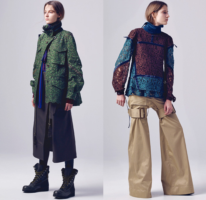 Sacai by Chitose Abe 2016 Pre Fall Autumn Womens Lookbook Presentation - Hybrid Garment Panels Frayed Denim Jeans Lace Turtleneck Velvet Leggings Skirt Frock Tunic Belts Strips Shirtdress Oversized Trench Coat Parka Bomber Quilted Down Jacket Furry Weave Knit Sweater Suede Shearling Moto Biker Leather Peacoat Accordion Pleats Studs Cloak Grommet Grosgrain Wide Leg Trousers Culottes Flare Bell Bottom Flowers Floral Vest Platform Sandals