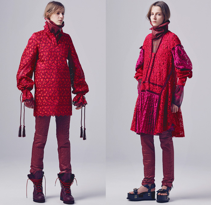 Sacai by Chitose Abe 2016 Pre Fall Autumn Womens Lookbook Presentation - Hybrid Garment Panels Frayed Denim Jeans Lace Turtleneck Velvet Leggings Skirt Frock Tunic Belts Strips Shirtdress Oversized Trench Coat Parka Bomber Quilted Down Jacket Furry Weave Knit Sweater Suede Shearling Moto Biker Leather Peacoat Accordion Pleats Studs Cloak Grommet Grosgrain Wide Leg Trousers Culottes Flare Bell Bottom Flowers Floral Vest Platform Sandals