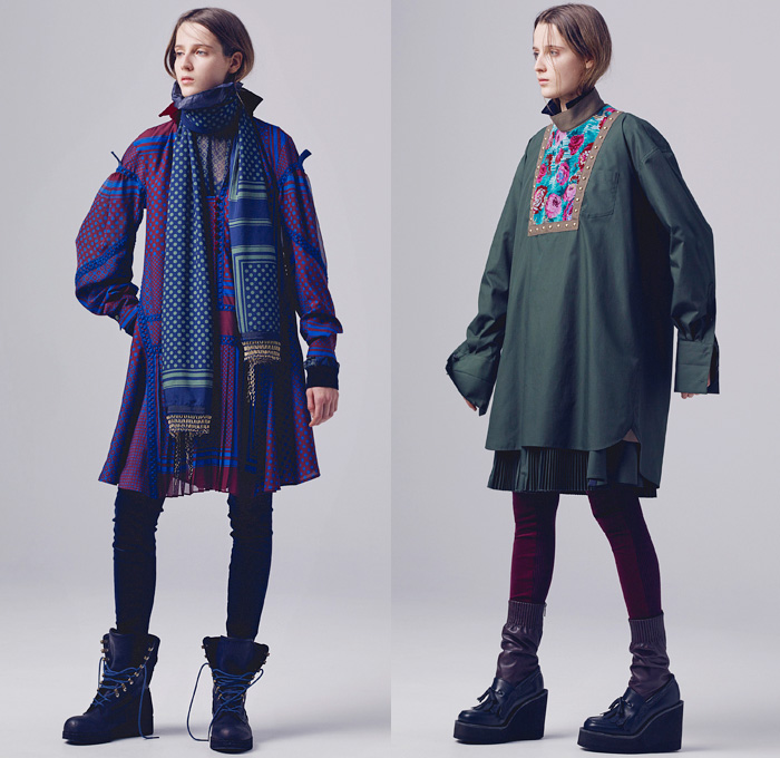 Sacai by Chitose Abe 2016 Pre Fall Autumn Womens Lookbook Presentation - Hybrid Garment Panels Frayed Denim Jeans Lace Turtleneck Velvet Leggings Skirt Frock Tunic Belts Strips Shirtdress Oversized Trench Coat Parka Bomber Quilted Down Jacket Furry Weave Knit Sweater Suede Shearling Moto Biker Leather Peacoat Accordion Pleats Studs Cloak Grommet Grosgrain Wide Leg Trousers Culottes Flare Bell Bottom Flowers Floral Vest Platform Sandals