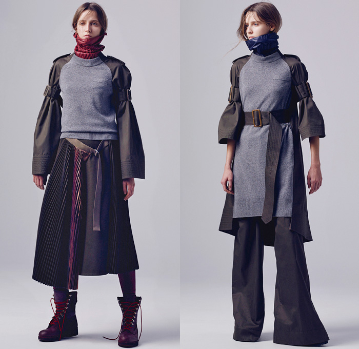 Sacai by Chitose Abe 2016 Pre Fall Autumn Womens Lookbook Presentation - Hybrid Garment Panels Frayed Denim Jeans Lace Turtleneck Velvet Leggings Skirt Frock Tunic Belts Strips Shirtdress Oversized Trench Coat Parka Bomber Quilted Down Jacket Furry Weave Knit Sweater Suede Shearling Moto Biker Leather Peacoat Accordion Pleats Studs Cloak Grommet Grosgrain Wide Leg Trousers Culottes Flare Bell Bottom Flowers Floral Vest Platform Sandals