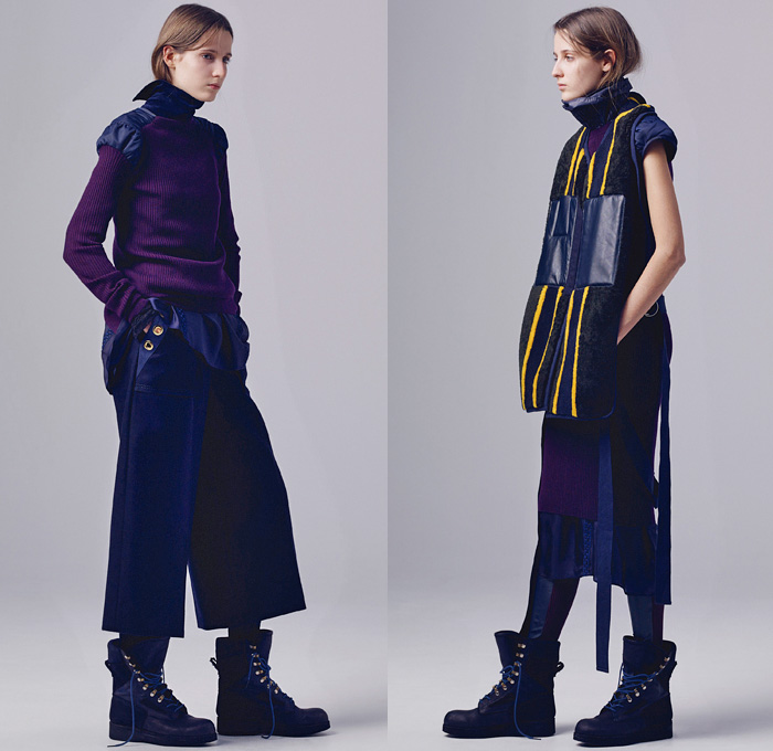 Sacai by Chitose Abe 2016 Pre Fall Autumn Womens Lookbook Presentation - Hybrid Garment Panels Frayed Denim Jeans Lace Turtleneck Velvet Leggings Skirt Frock Tunic Belts Strips Shirtdress Oversized Trench Coat Parka Bomber Quilted Down Jacket Furry Weave Knit Sweater Suede Shearling Moto Biker Leather Peacoat Accordion Pleats Studs Cloak Grommet Grosgrain Wide Leg Trousers Culottes Flare Bell Bottom Flowers Floral Vest Platform Sandals