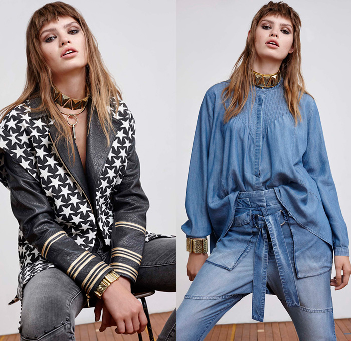 sass & bide 2016 Pre Fall Autumn Womens Lookbook Presentation - Denim Jeans Stars Choker Leather Outerwear Coat Jacket Blazer Tie Up Blouse Tunic Insects Butterflies Low Crotch Sheer Chiffon Tulle Lace Mesh Lasercut Embellishments Adornments Bedazzled Stripes Embroidery One Shoulder Dress Geometric Metallic Chunky Knit Sweater Jumper