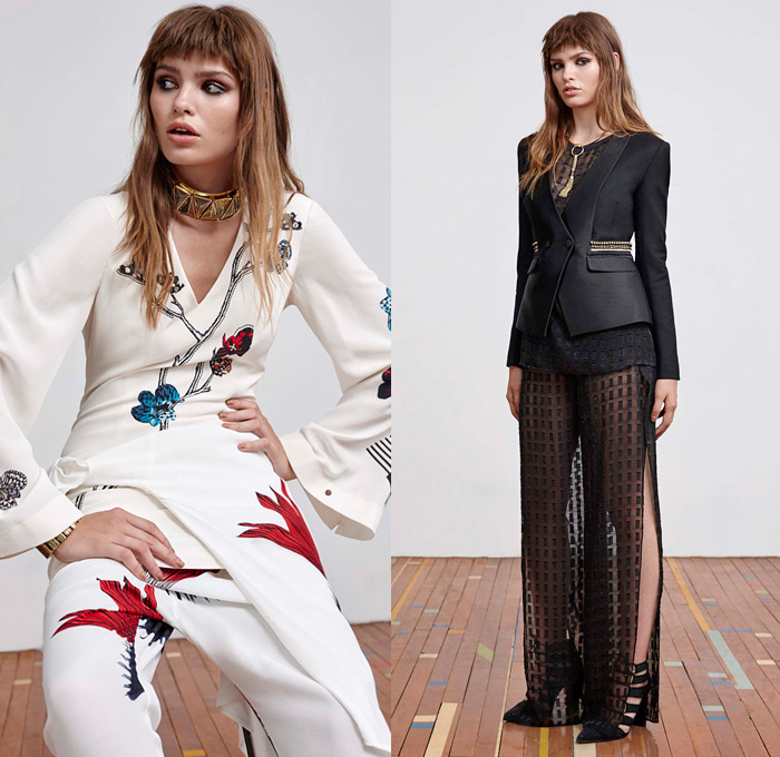 sass & bide 2016 Pre Fall Autumn Womens Lookbook Presentation - Denim Jeans Stars Choker Leather Outerwear Coat Jacket Blazer Tie Up Blouse Tunic Insects Butterflies Low Crotch Sheer Chiffon Tulle Lace Mesh Lasercut Embellishments Adornments Bedazzled Stripes Embroidery One Shoulder Dress Geometric Metallic Chunky Knit Sweater Jumper