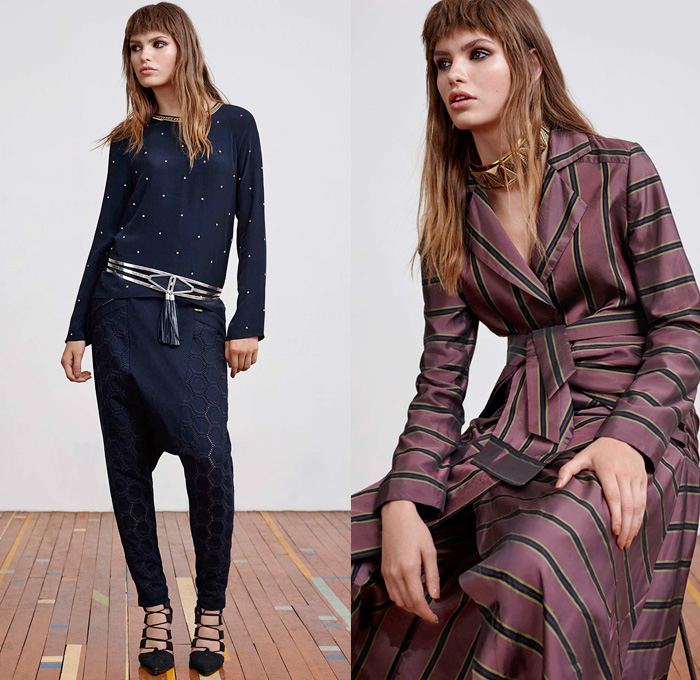 sass & bide 2016 Pre Fall Autumn Womens Lookbook Presentation - Denim Jeans Stars Choker Leather Outerwear Coat Jacket Blazer Tie Up Blouse Tunic Insects Butterflies Low Crotch Sheer Chiffon Tulle Lace Mesh Lasercut Embellishments Adornments Bedazzled Stripes Embroidery One Shoulder Dress Geometric Metallic Chunky Knit Sweater Jumper