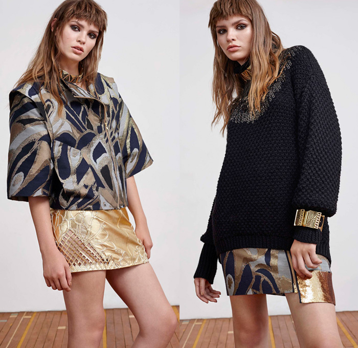 sass & bide 2016 Pre Fall Autumn Womens Lookbook Presentation - Denim Jeans Stars Choker Leather Outerwear Coat Jacket Blazer Tie Up Blouse Tunic Insects Butterflies Low Crotch Sheer Chiffon Tulle Lace Mesh Lasercut Embellishments Adornments Bedazzled Stripes Embroidery One Shoulder Dress Geometric Metallic Chunky Knit Sweater Jumper