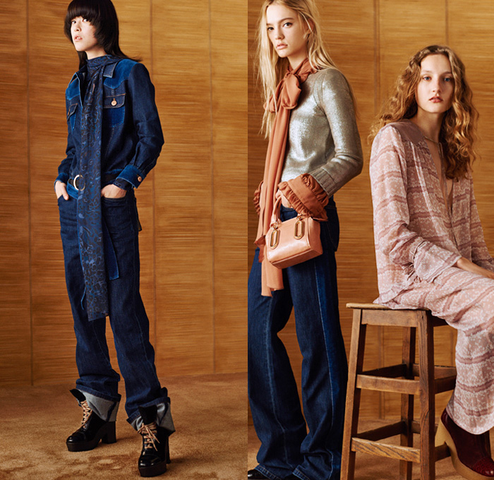 See by Chloé Paris 2016 Pre Fall Autumn Womens Lookbook Presentation - Denim Jeans Poncho Shirtdress Western Cowgirl 1970s Seventies Bohemian Chic Knit Sweater Scarf Pussycat Bow Sheer Chiffon Lace Bell Sleeves Flare Wide Leg Trousers Palazzo Pants Vestdress Fringes Oversized Trench Coat Plaid Check Gingham Shearling Bomber Jacket Leather Patchwork Quilted Waffle Blouse Silk Stripes Tiered Spots Ruffles Pinafore Maxi Dress