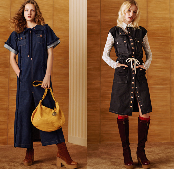 See by Chloé Paris 2016 Pre Fall Autumn Womens Lookbook Presentation - Denim Jeans Poncho Shirtdress Western Cowgirl 1970s Seventies Bohemian Chic Knit Sweater Scarf Pussycat Bow Sheer Chiffon Lace Bell Sleeves Flare Wide Leg Trousers Palazzo Pants Vestdress Fringes Oversized Trench Coat Plaid Check Gingham Shearling Bomber Jacket Leather Patchwork Quilted Waffle Blouse Silk Stripes Tiered Spots Ruffles Pinafore Maxi Dress