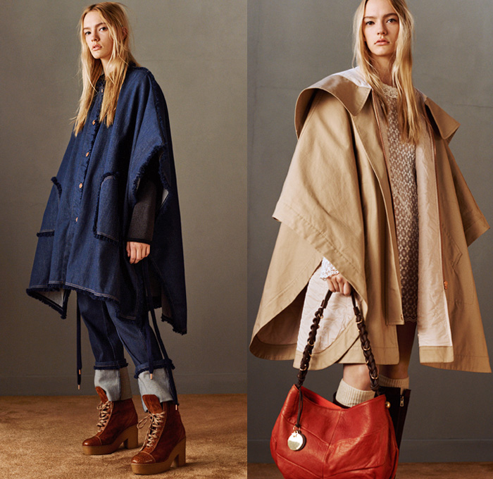 See by Chloé Paris 2016 Pre Fall Autumn Womens Lookbook Presentation - Denim Jeans Poncho Shirtdress Western Cowgirl 1970s Seventies Bohemian Chic Knit Sweater Scarf Pussycat Bow Sheer Chiffon Lace Bell Sleeves Flare Wide Leg Trousers Palazzo Pants Vestdress Fringes Oversized Trench Coat Plaid Check Gingham Shearling Bomber Jacket Leather Patchwork Quilted Waffle Blouse Silk Stripes Tiered Spots Ruffles Pinafore Maxi Dress