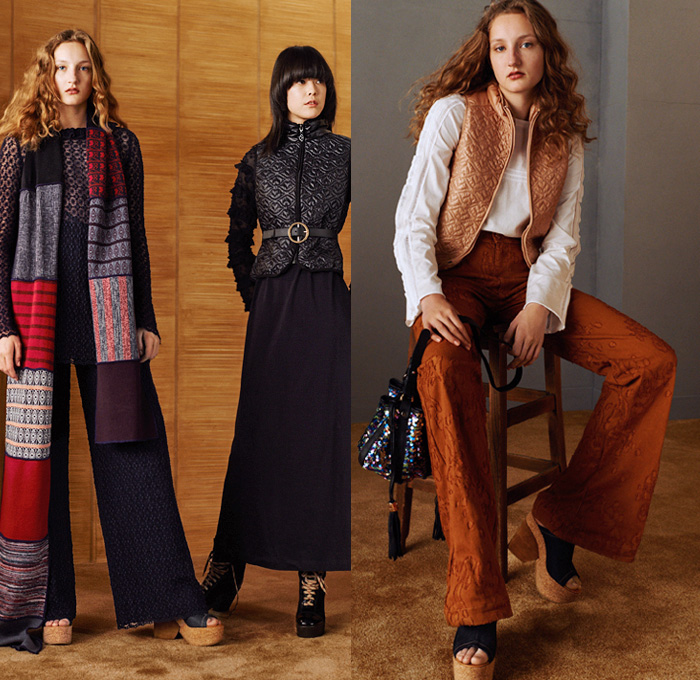 See by Chloé Paris 2016 Pre Fall Autumn Womens Lookbook Presentation - Denim Jeans Poncho Shirtdress Western Cowgirl 1970s Seventies Bohemian Chic Knit Sweater Scarf Pussycat Bow Sheer Chiffon Lace Bell Sleeves Flare Wide Leg Trousers Palazzo Pants Vestdress Fringes Oversized Trench Coat Plaid Check Gingham Shearling Bomber Jacket Leather Patchwork Quilted Waffle Blouse Silk Stripes Tiered Spots Ruffles Pinafore Maxi Dress