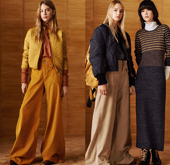 See by Chloé Paris 2016 Pre Fall Autumn Womens Lookbook Presentation - Denim Jeans Poncho Shirtdress Western Cowgirl 1970s Seventies Bohemian Chic Knit Sweater Scarf Pussycat Bow Sheer Chiffon Lace Bell Sleeves Flare Wide Leg Trousers Palazzo Pants Vestdress Fringes Oversized Trench Coat Plaid Check Gingham Shearling Bomber Jacket Leather Patchwork Quilted Waffle Blouse Silk Stripes Tiered Spots Ruffles Pinafore Maxi Dress