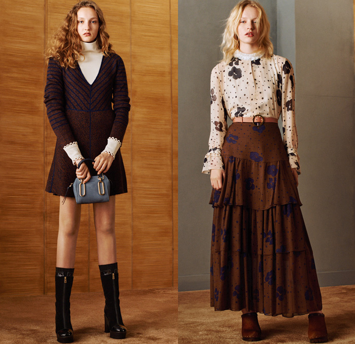 See by Chloé Paris 2016 Pre Fall Autumn Womens Lookbook Presentation - Denim Jeans Poncho Shirtdress Western Cowgirl 1970s Seventies Bohemian Chic Knit Sweater Scarf Pussycat Bow Sheer Chiffon Lace Bell Sleeves Flare Wide Leg Trousers Palazzo Pants Vestdress Fringes Oversized Trench Coat Plaid Check Gingham Shearling Bomber Jacket Leather Patchwork Quilted Waffle Blouse Silk Stripes Tiered Spots Ruffles Pinafore Maxi Dress