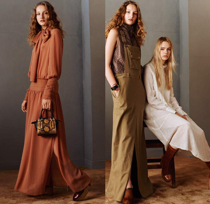 See by Chloé Paris 2016 Pre Fall Autumn Womens Lookbook Presentation - Denim Jeans Poncho Shirtdress Western Cowgirl 1970s Seventies Bohemian Chic Knit Sweater Scarf Pussycat Bow Sheer Chiffon Lace Bell Sleeves Flare Wide Leg Trousers Palazzo Pants Vestdress Fringes Oversized Trench Coat Plaid Check Gingham Shearling Bomber Jacket Leather Patchwork Quilted Waffle Blouse Silk Stripes Tiered Spots Ruffles Pinafore Maxi Dress