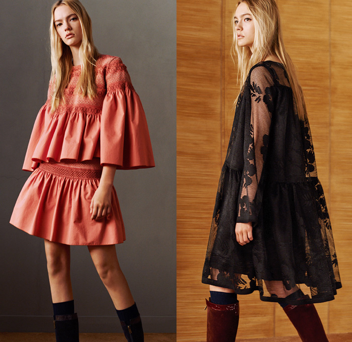 See by Chloé Paris 2016 Pre Fall Autumn Womens Lookbook Presentation - Denim Jeans Poncho Shirtdress Western Cowgirl 1970s Seventies Bohemian Chic Knit Sweater Scarf Pussycat Bow Sheer Chiffon Lace Bell Sleeves Flare Wide Leg Trousers Palazzo Pants Vestdress Fringes Oversized Trench Coat Plaid Check Gingham Shearling Bomber Jacket Leather Patchwork Quilted Waffle Blouse Silk Stripes Tiered Spots Ruffles Pinafore Maxi Dress