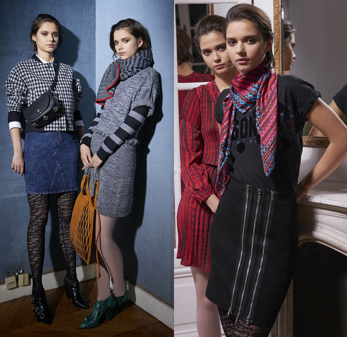 Sonia By Sonia Rykiel 2016 Pre Fall Autumn Womens Lookbook Presentation - Denim Jeans Flowers Floral Print Motif Skirt Lips Mouth Kiss Pop Art Ruffles Dress Silk Knit Sweater Ribbed Fringes Stockings Tights Leggings Elongated Sleeves Hanging Sleeve Outerwear Jacket Peacoat Check Gingham Scarf Zipper Maxi Dress Cutout Open Shoulders Velvet Drawstring Sheer Chiffon Lace Pantsuit Handbag Purse Clutch Mesh Tote