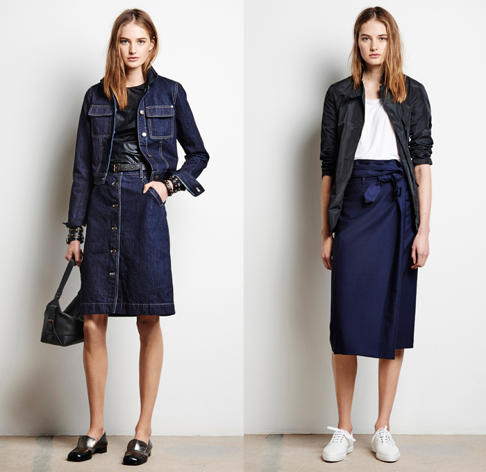 Tomas Maier 2016 Pre Fall Autumn Womens Lookbook Presentation - Denim Jeans Midi Skirt Frock Outerwear Trench Coat Bomber Jacket Leather Straps Shirtdress Cinch Drawstring Slouchy Accordion Pleats Quilted Waffle Stripes Cardigan Belted Waist Knit Sweater Colorblock Handbag Tote Sneakers