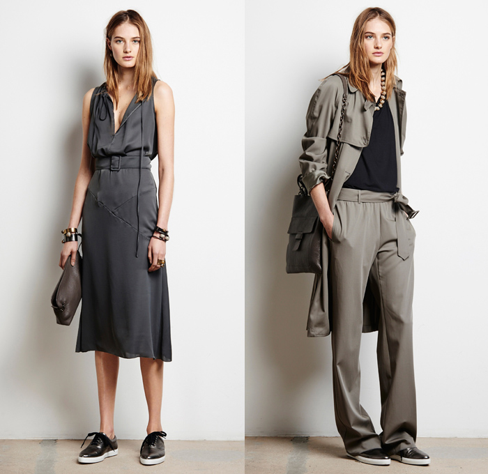 Tomas Maier 2016 Pre Fall Autumn Womens Lookbook Presentation - Denim Jeans Midi Skirt Frock Outerwear Trench Coat Bomber Jacket Leather Straps Shirtdress Cinch Drawstring Slouchy Accordion Pleats Quilted Waffle Stripes Cardigan Belted Waist Knit Sweater Colorblock Handbag Tote Sneakers