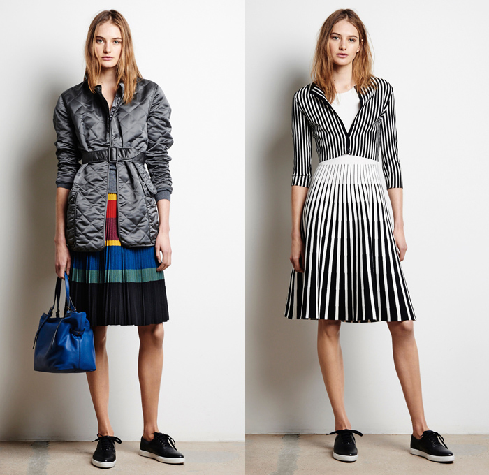 Tomas Maier 2016 Pre Fall Autumn Womens Lookbook Presentation - Denim Jeans Midi Skirt Frock Outerwear Trench Coat Bomber Jacket Leather Straps Shirtdress Cinch Drawstring Slouchy Accordion Pleats Quilted Waffle Stripes Cardigan Belted Waist Knit Sweater Colorblock Handbag Tote Sneakers