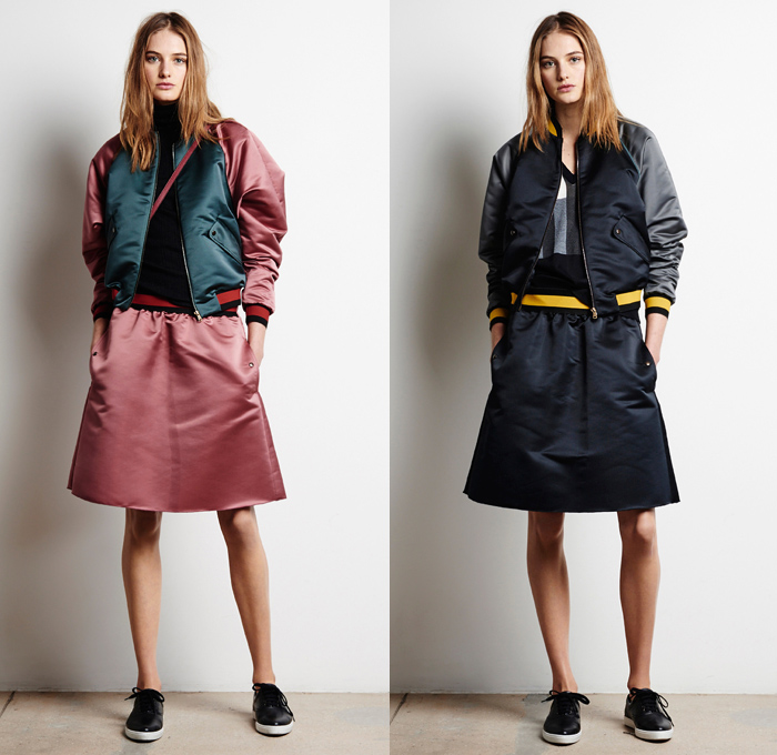 Tomas Maier 2016 Pre Fall Autumn Womens Lookbook Presentation - Denim Jeans Midi Skirt Frock Outerwear Trench Coat Bomber Jacket Leather Straps Shirtdress Cinch Drawstring Slouchy Accordion Pleats Quilted Waffle Stripes Cardigan Belted Waist Knit Sweater Colorblock Handbag Tote Sneakers