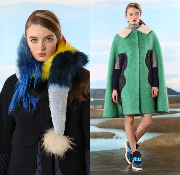 Tsumori Chisato 2016 Pre Fall Autumn Womens Lookbook Presentation - Icelandic Landscape Folklore Local Village Painting Illustration Kids Drawings Flowers Floral Knit Sweater Jumper Outerwear Coat Furry Quilted Puffer Down Hoodie Parka Vest Waistcoat Sleeveless Embroidery Bedazzled Stripes Frock Pencil Skirt Wool Hanging Sleeve Cloak Multi-Panel Turtleneck Pop Art Maxi Dress Animals Horses Streets Bus Shirtdress