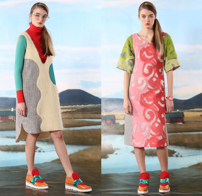 Tsumori Chisato 2016 Pre Fall Autumn Womens Lookbook Presentation - Icelandic Landscape Folklore Local Village Painting Illustration Kids Drawings Flowers Floral Knit Sweater Jumper Outerwear Coat Furry Quilted Puffer Down Hoodie Parka Vest Waistcoat Sleeveless Embroidery Bedazzled Stripes Frock Pencil Skirt Wool Hanging Sleeve Cloak Multi-Panel Turtleneck Pop Art Maxi Dress Animals Horses Streets Bus Shirtdress