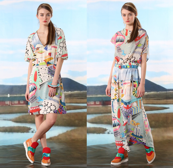 Tsumori Chisato 2016 Pre Fall Autumn Womens Lookbook Presentation - Icelandic Landscape Folklore Local Village Painting Illustration Kids Drawings Flowers Floral Knit Sweater Jumper Outerwear Coat Furry Quilted Puffer Down Hoodie Parka Vest Waistcoat Sleeveless Embroidery Bedazzled Stripes Frock Pencil Skirt Wool Hanging Sleeve Cloak Multi-Panel Turtleneck Pop Art Maxi Dress Animals Horses Streets Bus Shirtdress