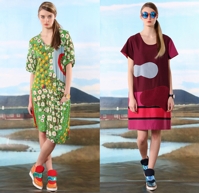 Tsumori Chisato 2016 Pre Fall Autumn Womens Lookbook Presentation - Icelandic Landscape Folklore Local Village Painting Illustration Kids Drawings Flowers Floral Knit Sweater Jumper Outerwear Coat Furry Quilted Puffer Down Hoodie Parka Vest Waistcoat Sleeveless Embroidery Bedazzled Stripes Frock Pencil Skirt Wool Hanging Sleeve Cloak Multi-Panel Turtleneck Pop Art Maxi Dress Animals Horses Streets Bus Shirtdress