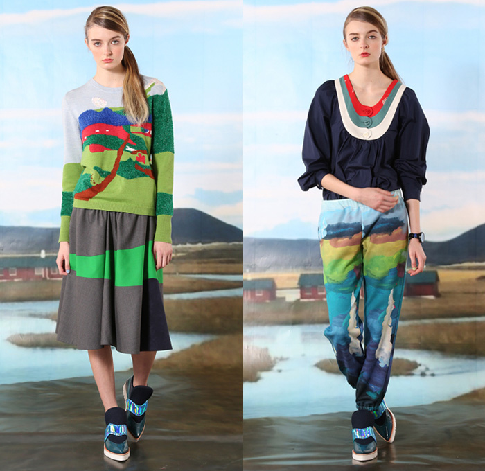 Tsumori Chisato 2016 Pre Fall Autumn Womens Lookbook Presentation - Icelandic Landscape Folklore Local Village Painting Illustration Kids Drawings Flowers Floral Knit Sweater Jumper Outerwear Coat Furry Quilted Puffer Down Hoodie Parka Vest Waistcoat Sleeveless Embroidery Bedazzled Stripes Frock Pencil Skirt Wool Hanging Sleeve Cloak Multi-Panel Turtleneck Pop Art Maxi Dress Animals Horses Streets Bus Shirtdress