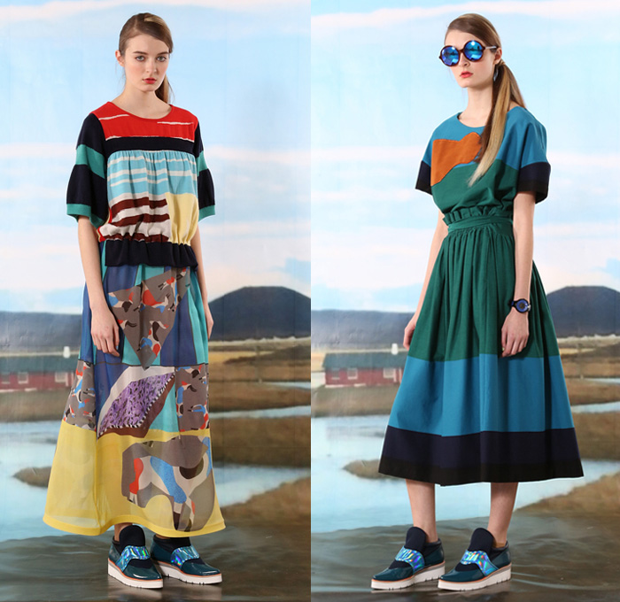 Tsumori Chisato 2016 Pre Fall Autumn Womens Lookbook Presentation - Icelandic Landscape Folklore Local Village Painting Illustration Kids Drawings Flowers Floral Knit Sweater Jumper Outerwear Coat Furry Quilted Puffer Down Hoodie Parka Vest Waistcoat Sleeveless Embroidery Bedazzled Stripes Frock Pencil Skirt Wool Hanging Sleeve Cloak Multi-Panel Turtleneck Pop Art Maxi Dress Animals Horses Streets Bus Shirtdress