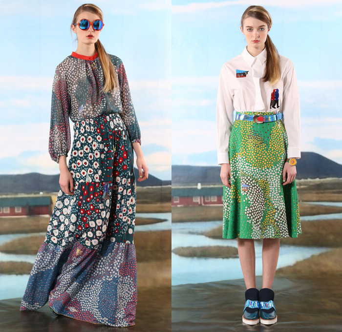 Tsumori Chisato 2016 Pre Fall Autumn Womens Lookbook Presentation - Icelandic Landscape Folklore Local Village Painting Illustration Kids Drawings Flowers Floral Knit Sweater Jumper Outerwear Coat Furry Quilted Puffer Down Hoodie Parka Vest Waistcoat Sleeveless Embroidery Bedazzled Stripes Frock Pencil Skirt Wool Hanging Sleeve Cloak Multi-Panel Turtleneck Pop Art Maxi Dress Animals Horses Streets Bus Shirtdress