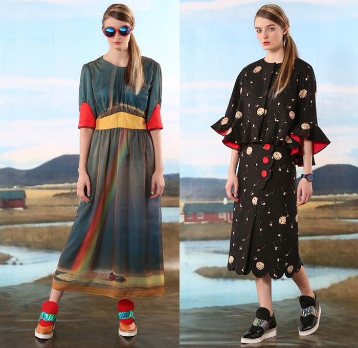 Tsumori Chisato 2016 Pre Fall Autumn Womens Lookbook Presentation - Icelandic Landscape Folklore Local Village Painting Illustration Kids Drawings Flowers Floral Knit Sweater Jumper Outerwear Coat Furry Quilted Puffer Down Hoodie Parka Vest Waistcoat Sleeveless Embroidery Bedazzled Stripes Frock Pencil Skirt Wool Hanging Sleeve Cloak Multi-Panel Turtleneck Pop Art Maxi Dress Animals Horses Streets Bus Shirtdress