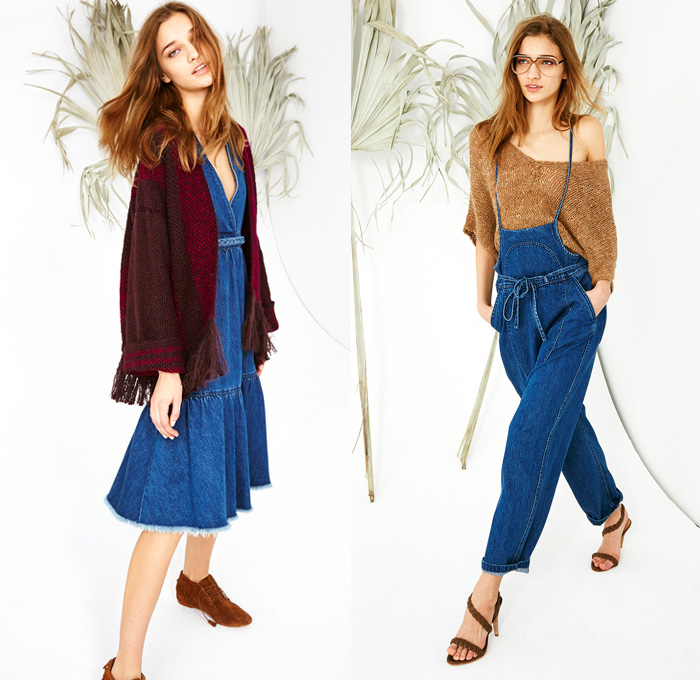 Ulla Johnson 2016 Pre Fall Autumn Womens Lookbook Presentation - Denim Jeans Boho Bohemian Chic Tunic Fringes Embroidery Maxi Peasant Dress Knit Sweater Crochet Suede Furry Drawstring Flowers Floral Botanical Motif Ruffles Cardigan Onesie Jumpsuit Bib Brace Dungarees Decorative Art Skirt Frock Shirtdress