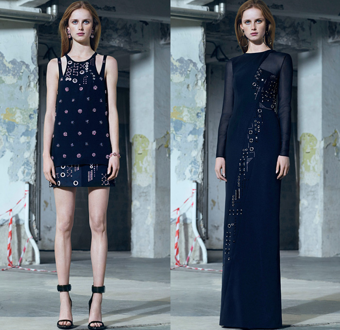 Versace 2016 Pre Fall Autumn Womens Lookbook Presentation - Polished Urban Daywear Tailored Sleek Masculine Column Dress Flowers Floral Embroidery Bedazzled Metallic Studs Frayed Raw Hem Cutout Open Shoulders Chunky Knit Sweater Outerwear Trench Coat Jacket Biker Halter Top Gown Pantsuit Banded Strap Mesh Meandros Greek Fret Key Strapless Noodle Strap Boots Blouse Furry Plush Asymmetrical Hem Balloon Sleeves Backpack